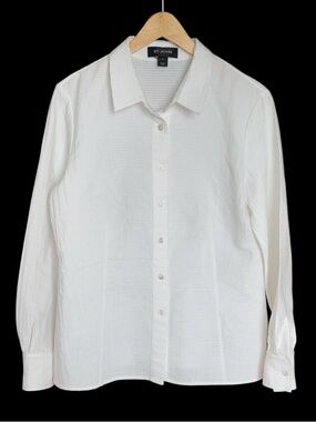 St. John Textured Horizontal Striped Button Up Blouse Long Sleeve White Size 8